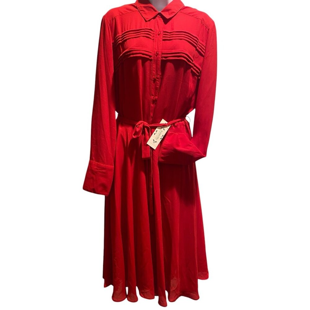Nanette Lepore Shirt Dress Womens 14 Red Long Sleeve Collared Button Front 2 Pc - Picture 2 of 16